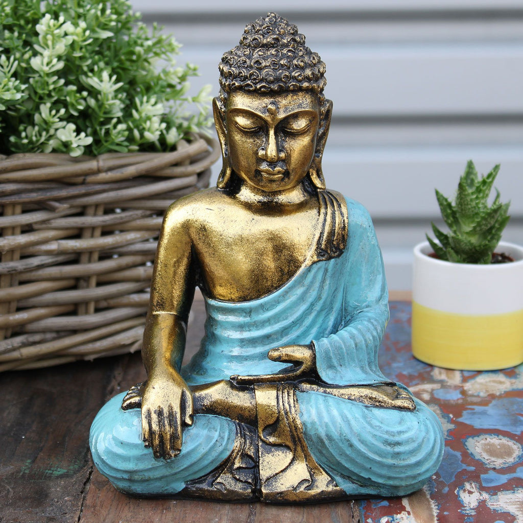 Large Teal and Gold Buddha Statue with Hand Painted Design Art
