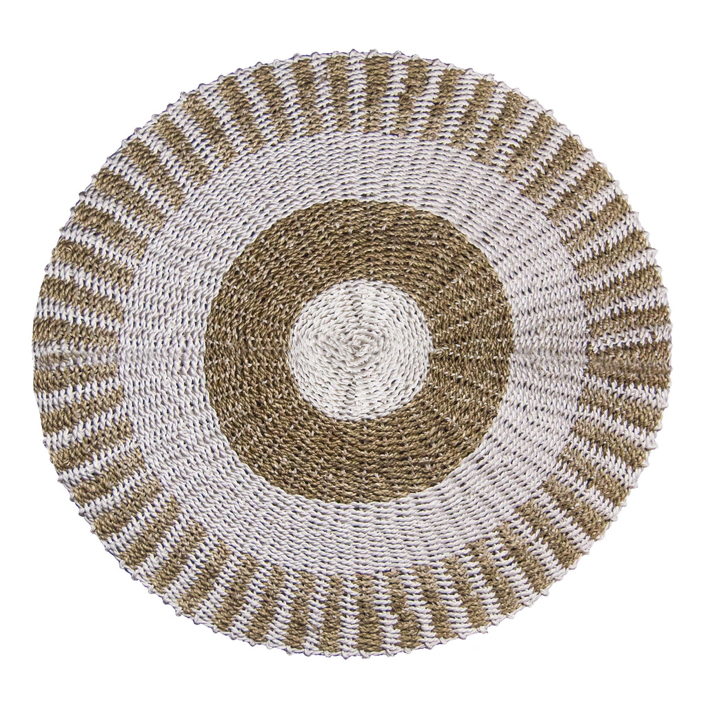 Round Seagrass White and Tan Rug with Stylish Sun Design