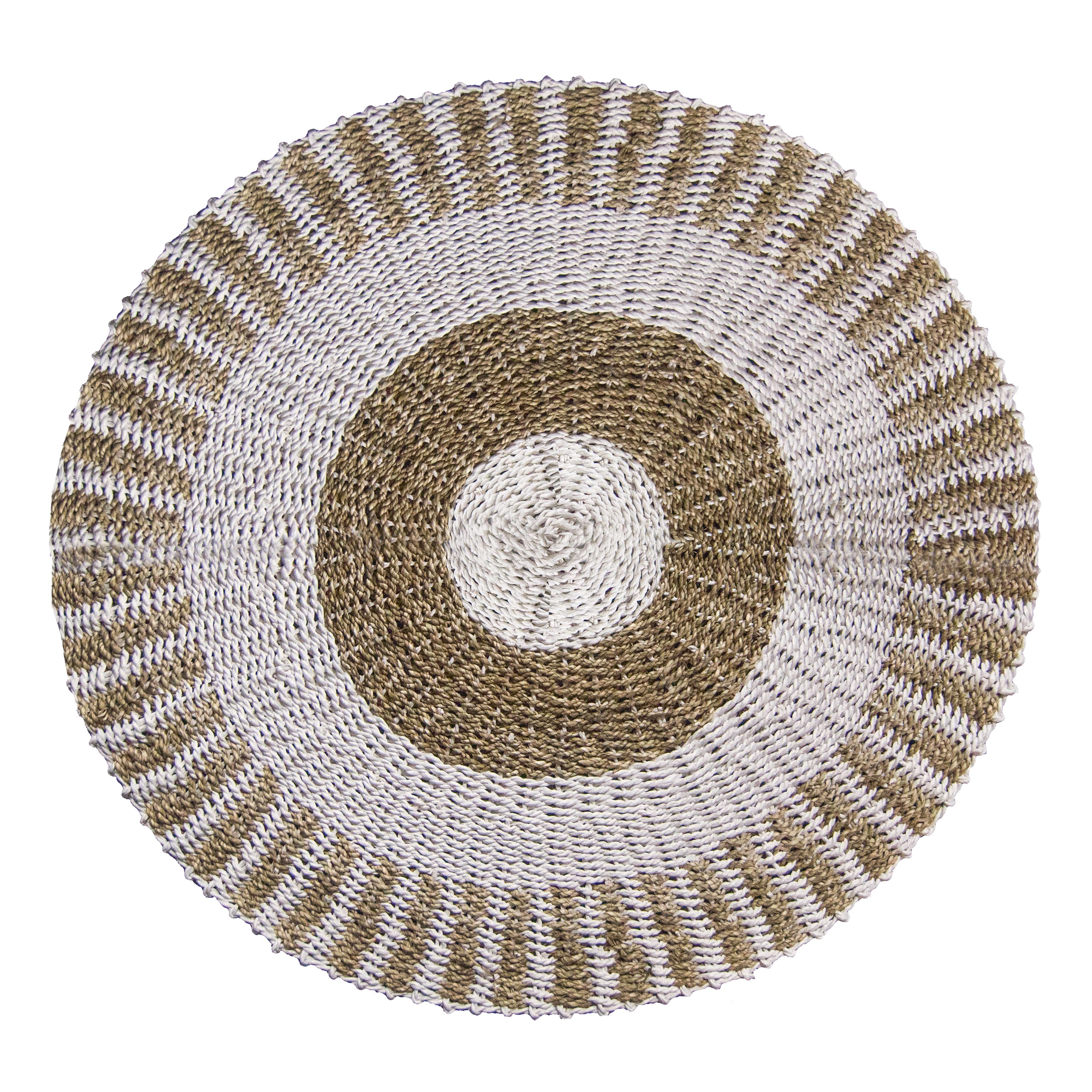 Round Seagrass White and Tan Rug with Stylish Sun Design