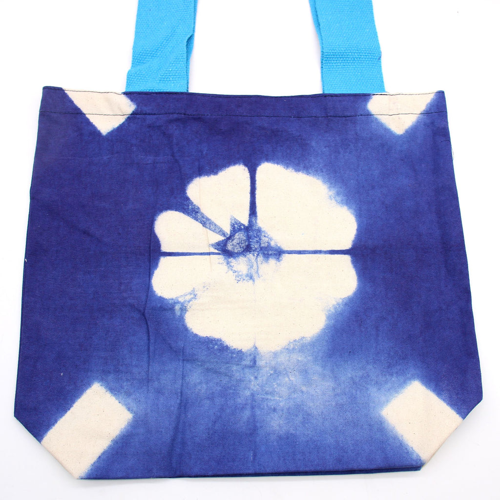 Natural Tye Dye Cotton Bag with Blue Flower Design and Handle