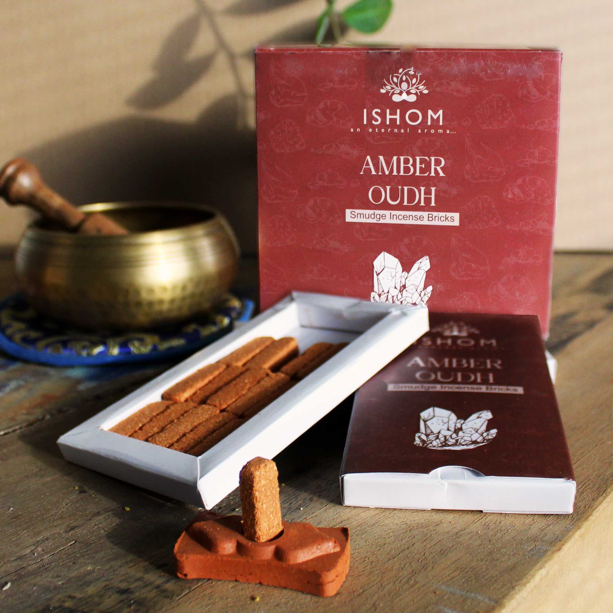 Pack of 15 Natural Incense Smudge Bricks and Burner Amber Wood