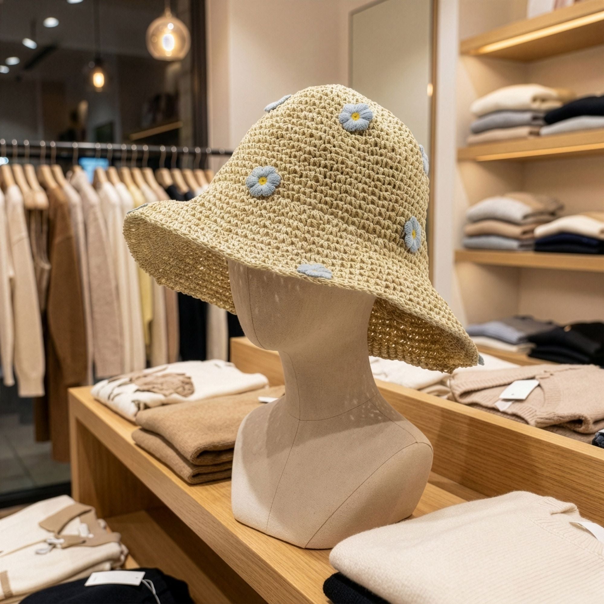 Nomad Sari Floppy Straw Sun Hat Beige with Blue Floral Accents