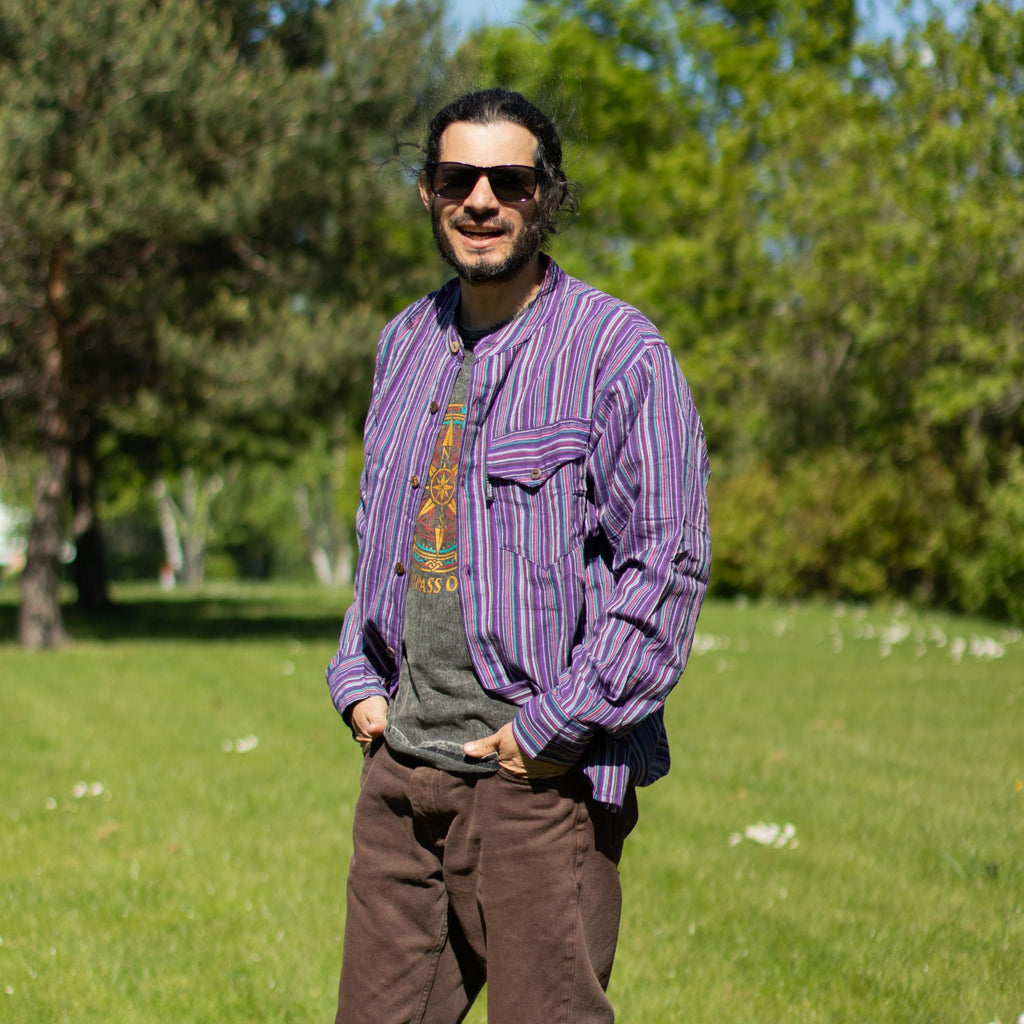 Nomad Sari Grandad Shirt in Black Purple with Bold Stripes