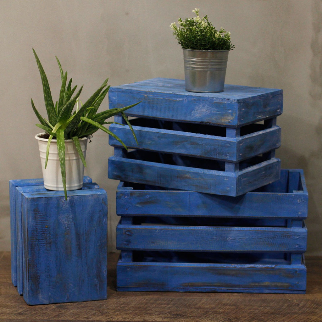 Wooden Storage Crates Bluewash Set of 3 for Home Organisation