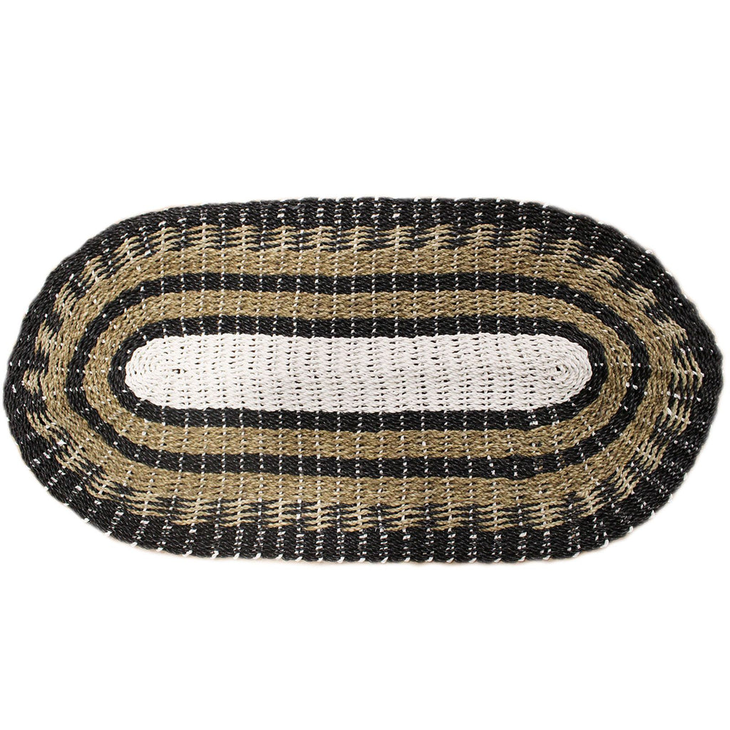 Oval Seagrass Rug in Black White and Tan Classic Design 60x120cm