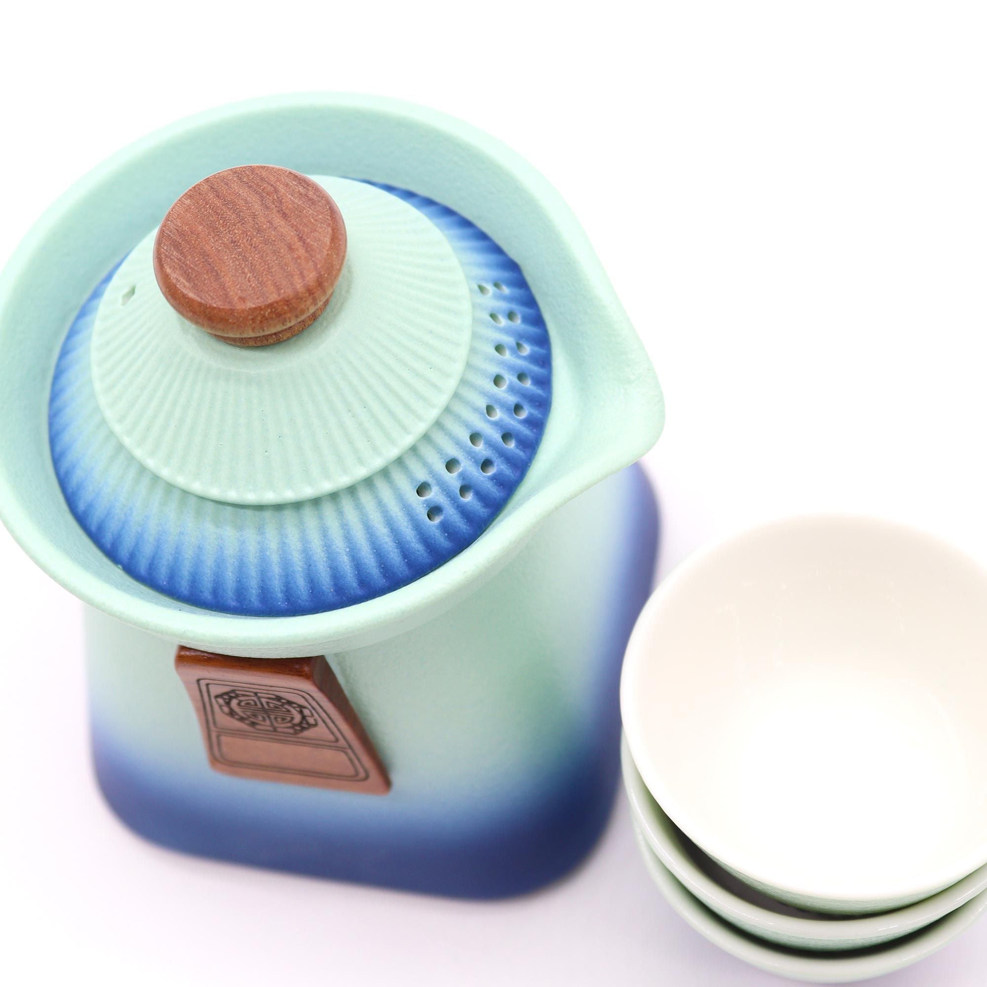 Temple Teapot Set with Three Cups in Blue Heaven for Tea Lovers