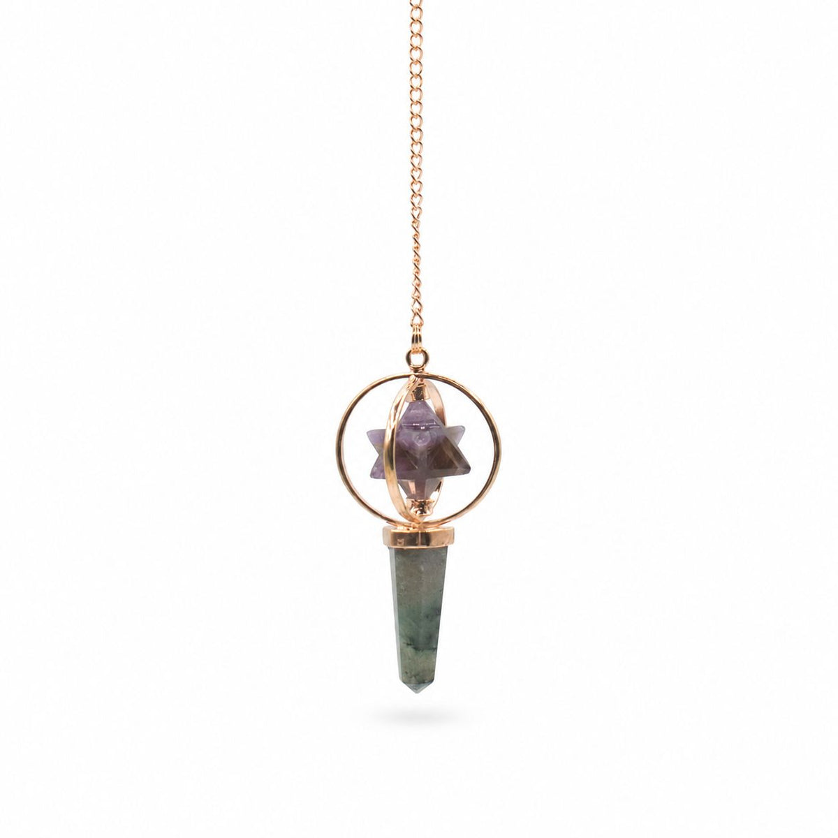 Cosmic Navigator- Two Piece Spinning Merkaba Star in Copper Pendulum -  Amethyst & Labradorite