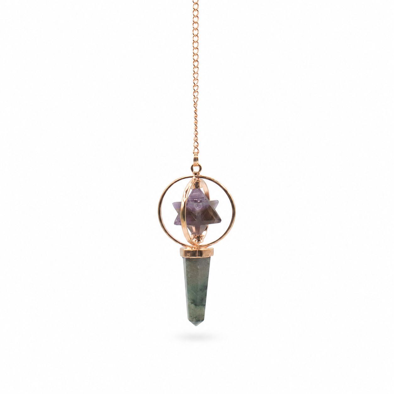 Cosmic Navigator- Two Piece Spinning Merkaba Star in Copper Pendulum -  Amethyst & Labradorite