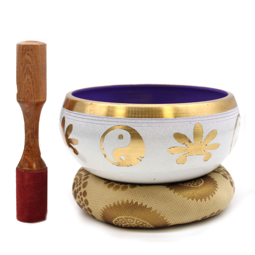 Large Yin and Yang Singing Bowl Set in White and Purple Design