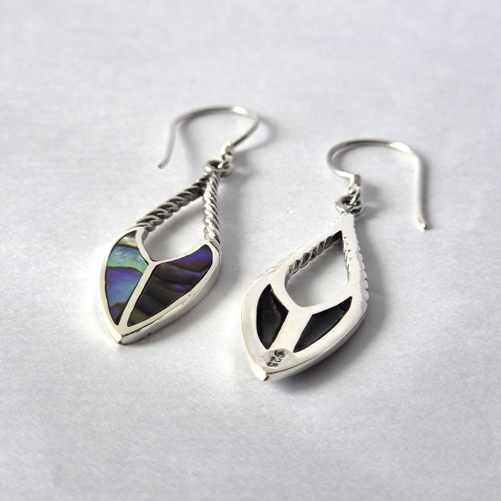 Shell and Silver Earrings with Spear Drops and Abalone Detail