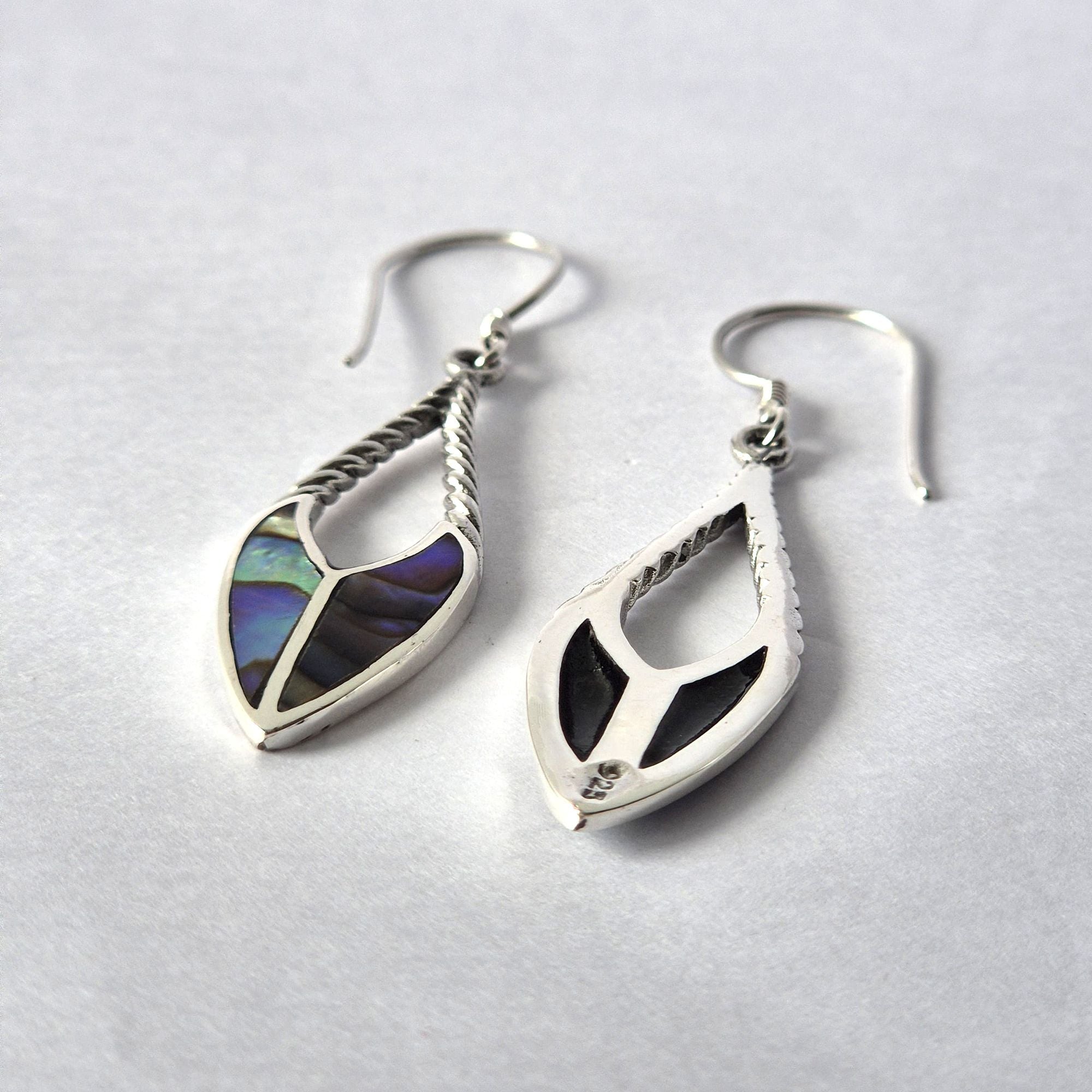 Shell and Silver Earrings with Spear Drops and Abalone Detail