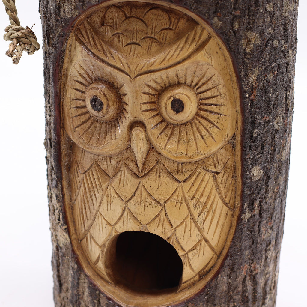 Tree Trunk Face Bird House with Wise Owl Design for Outdoor Gardens