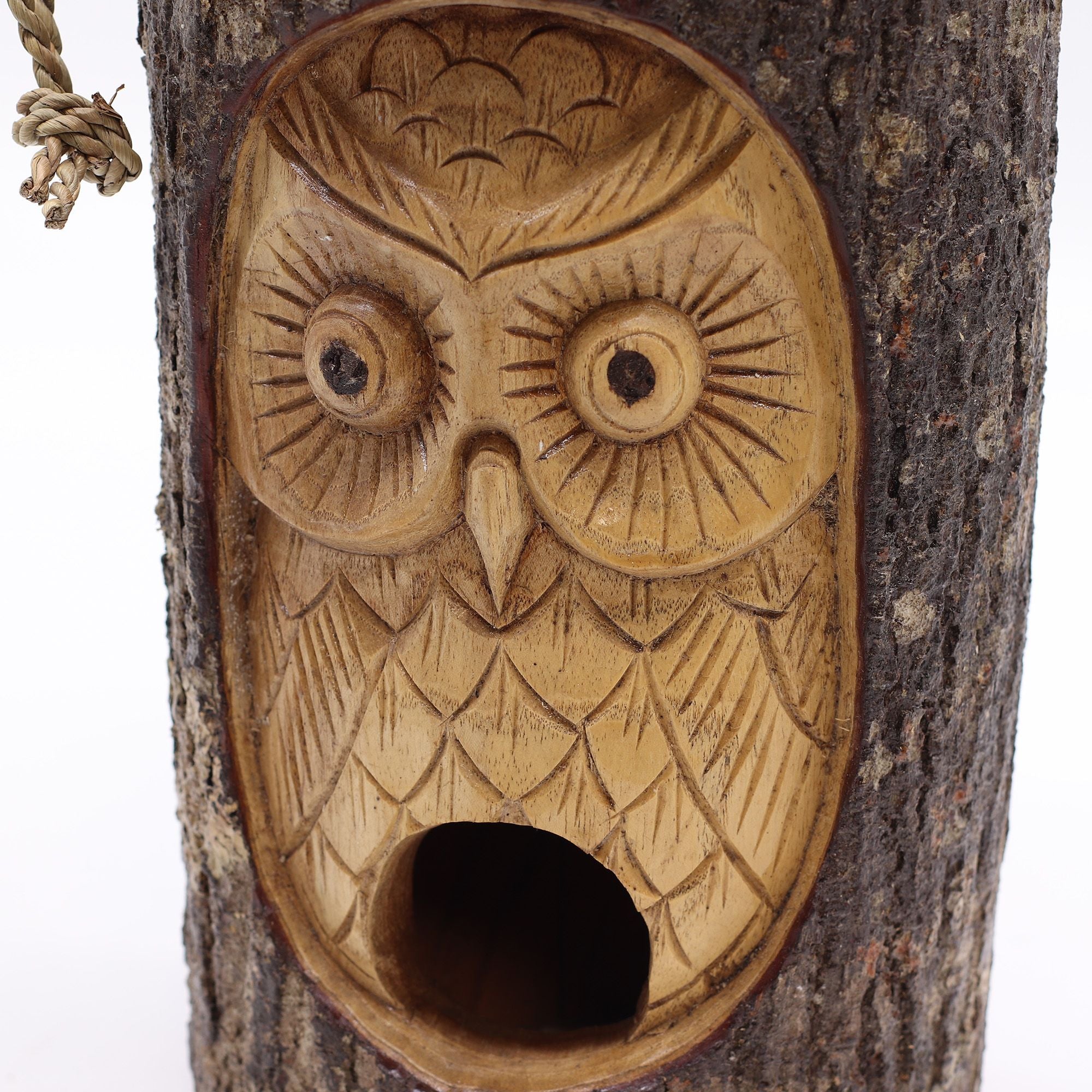 Tree Trunk Face Bird House with Wise Owl Design for Outdoor Gardens