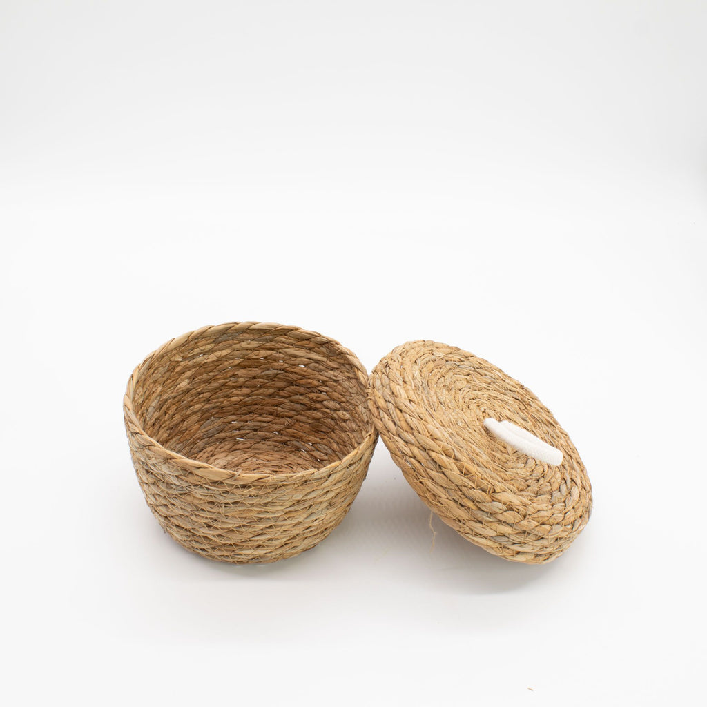 Natural Seagrass and Cotton Round Baskets with Lids Set of 3