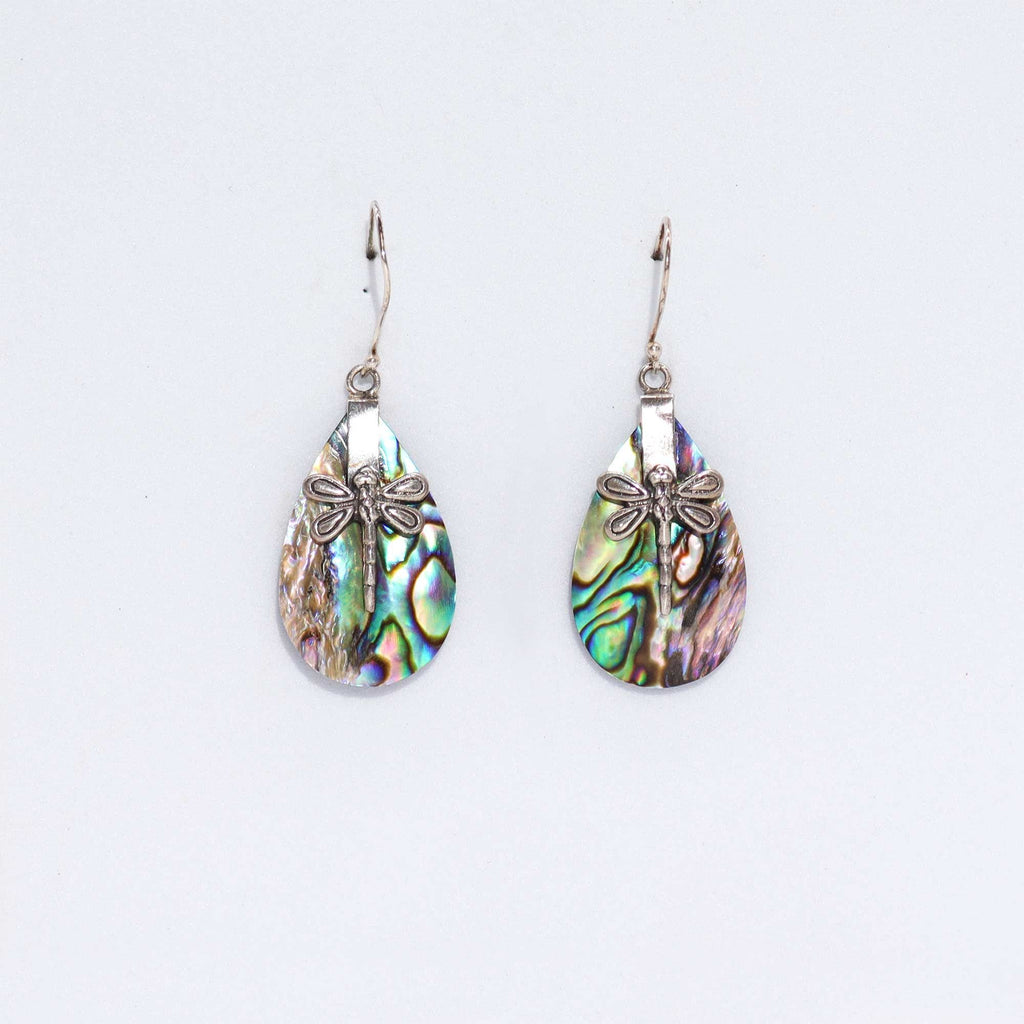 Shell and Silver Dragonfly Earrings with Abalone Detail Design