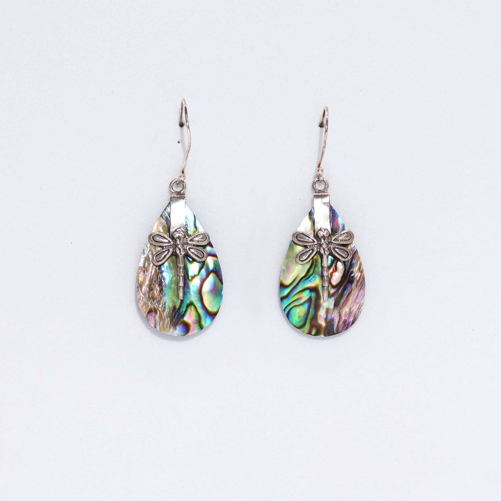 Shell and Silver Dragonfly Earrings with Abalone Detail Design