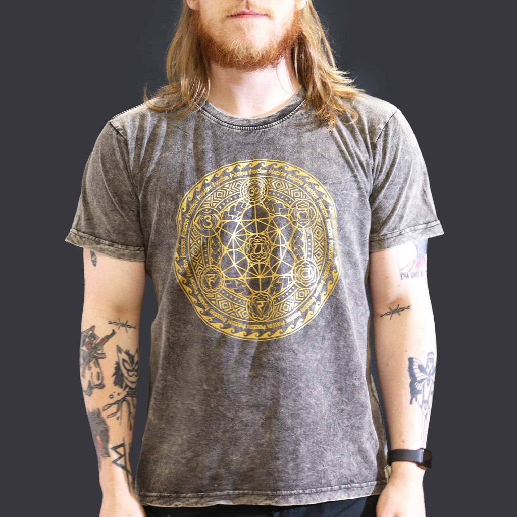 Nomad Sari Stonewashed Cotton T Shirt with Chakra Design Dark Grey