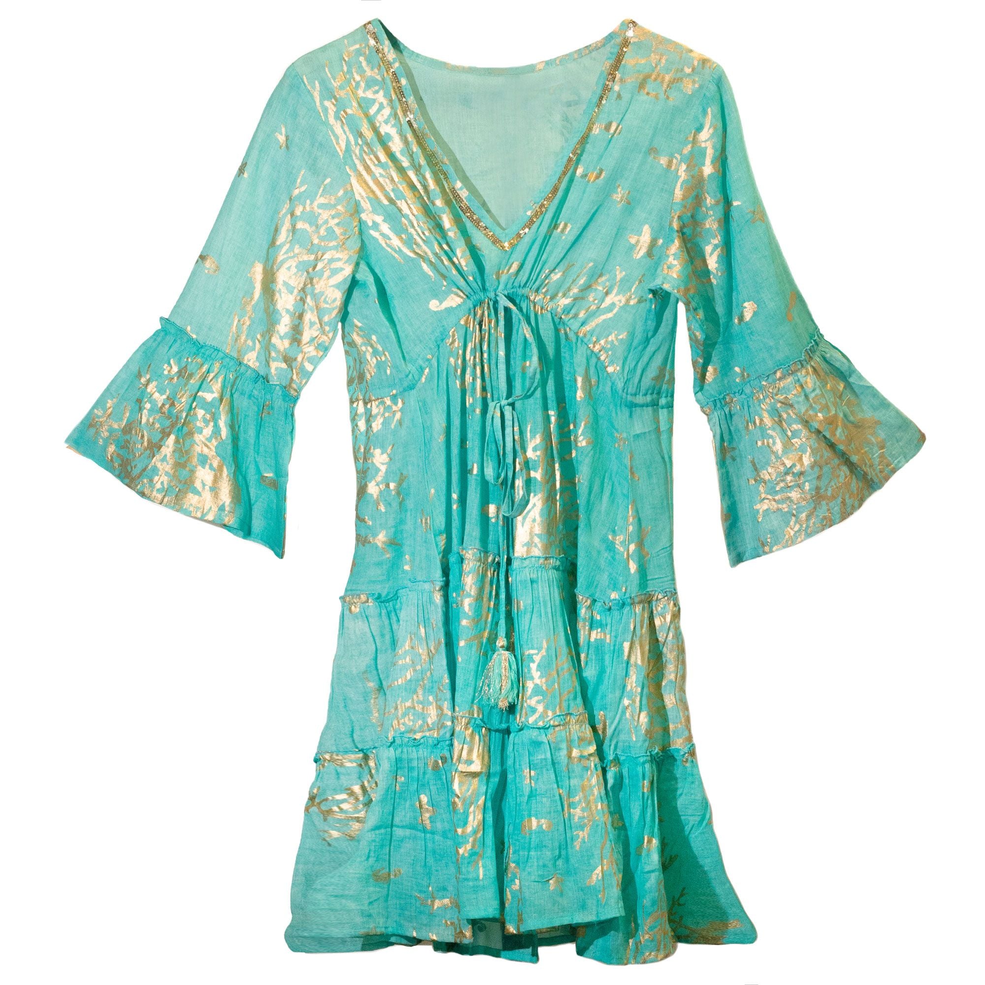 Nomad Sari Turquoise & Gold Coral Print Dress for Summer Wear