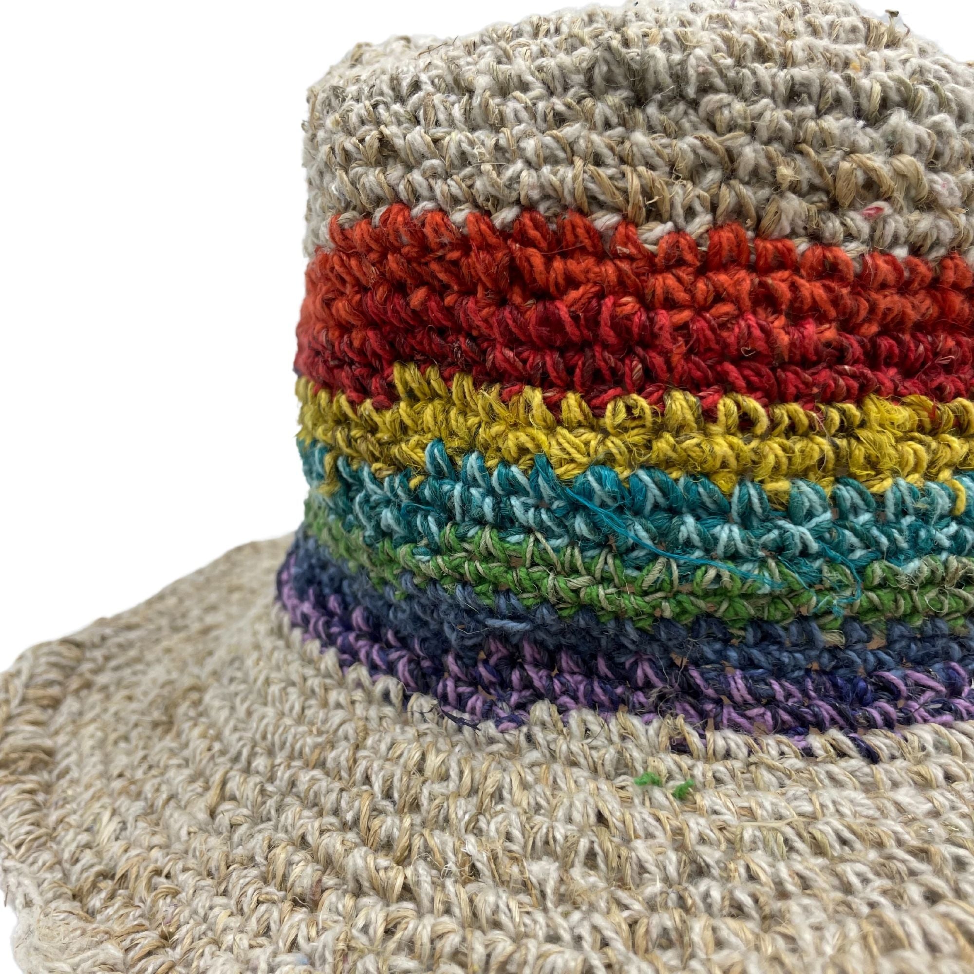 Hand Knited Hemp & Cotton Boho Festival Hat in Rainbow Design