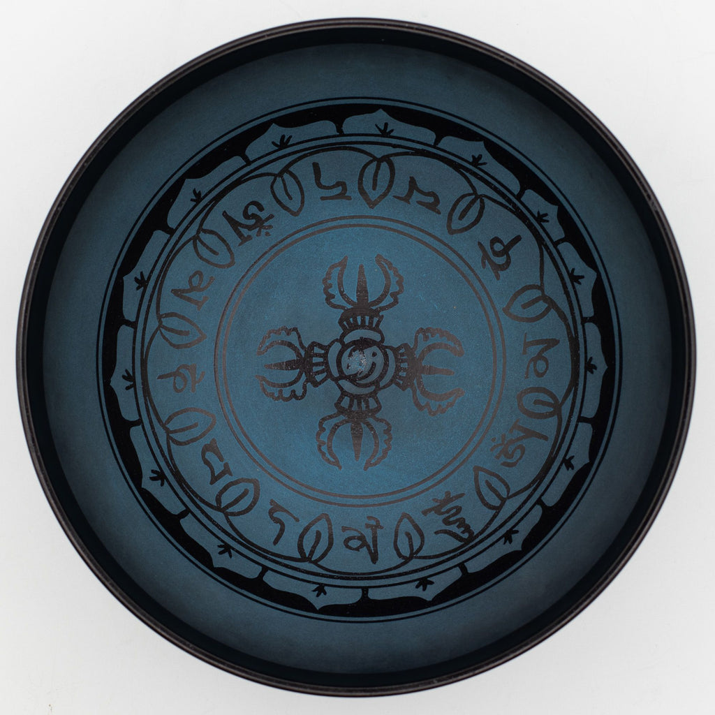 Large Aluminum Singing Bowl with Tibetan Double Dorje Design Blue