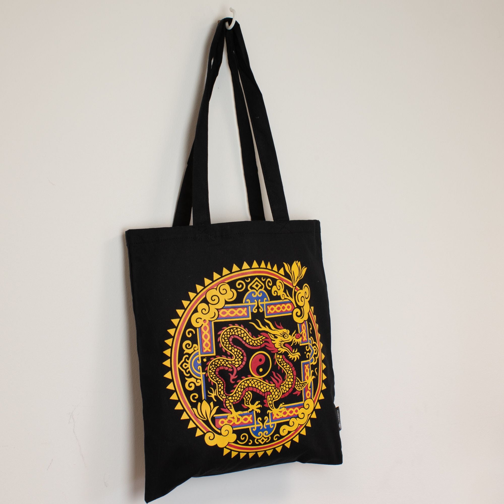 Iconic Classic Tote Bag in Black with Dragon Yin Yang Design