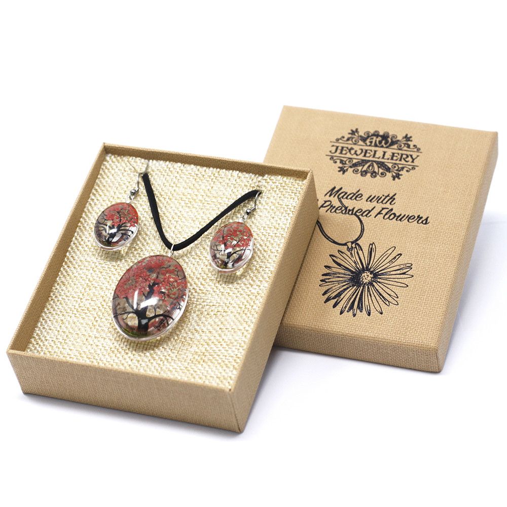 Pressed Flowers Tree of Life Set in Coral Unique Jewellery Gift