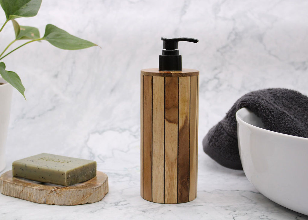 Natural Teakwood Round Soap Dispenser for Kitchen and Bathroom