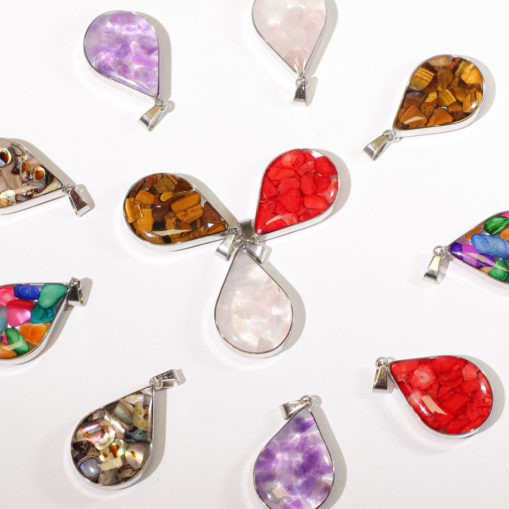 Steel Cased Pendant Teardrops with 12 Assorted Gemstone Chips