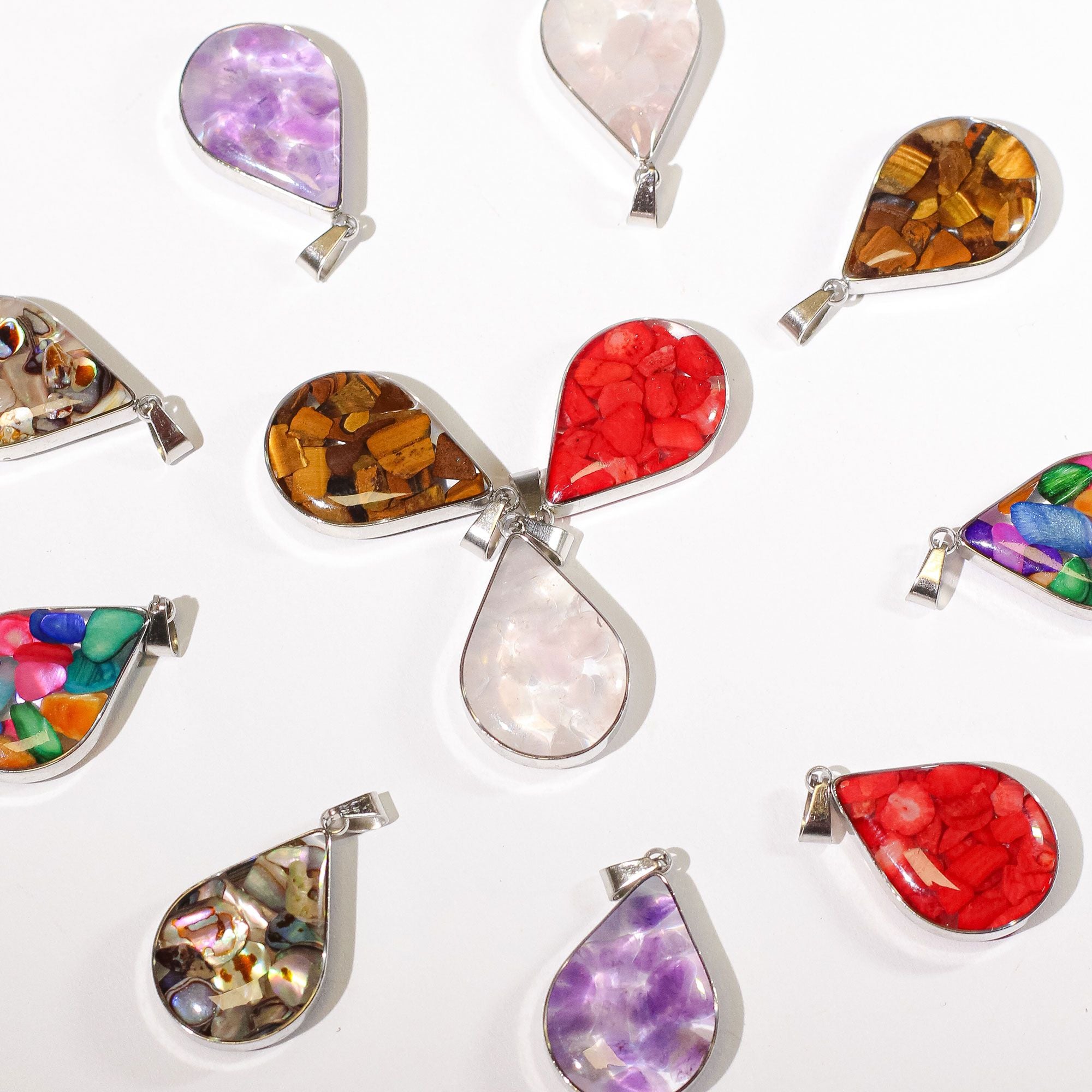 Steel Cased Pendant Teardrops with 12 Assorted Gemstone Chips