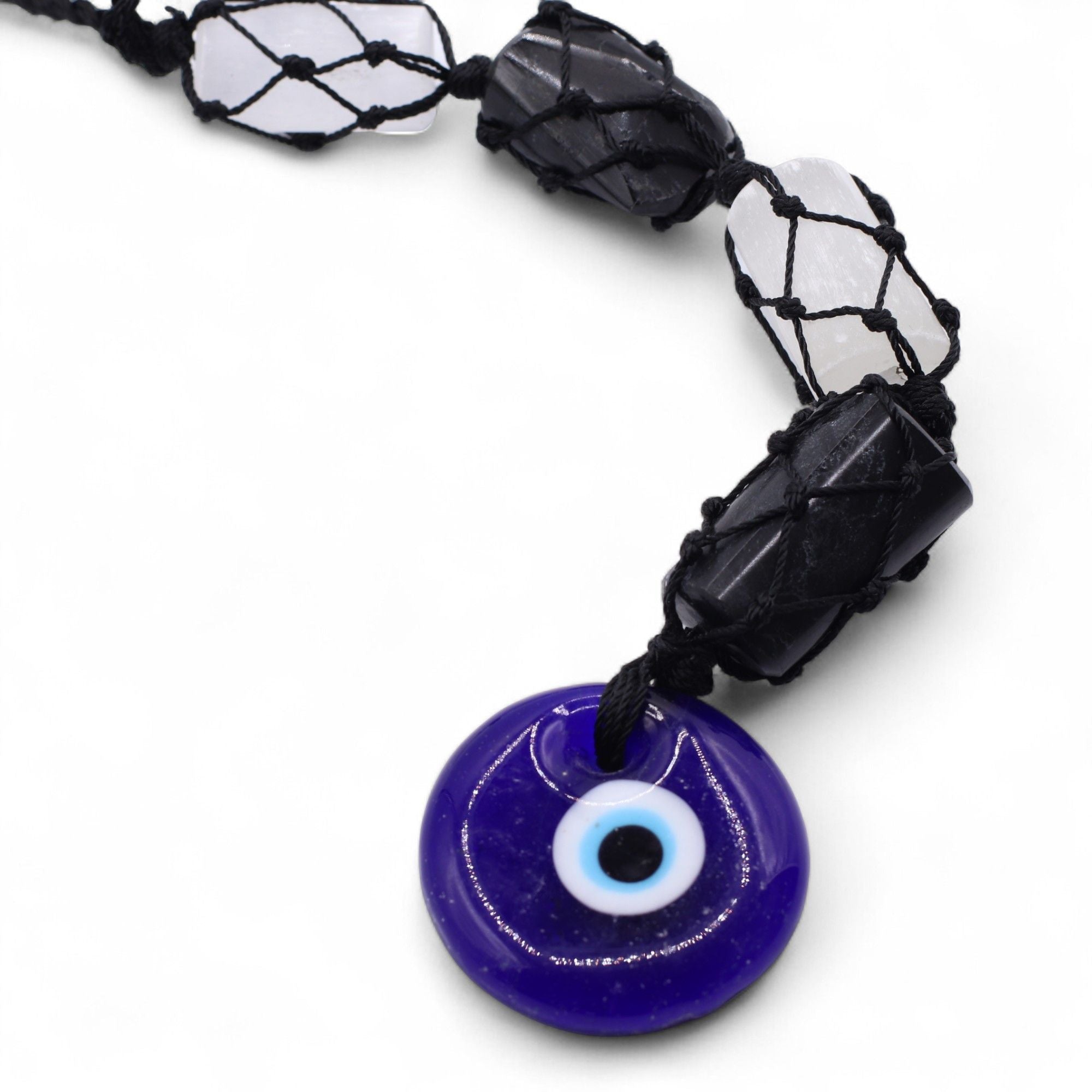 Hanging Stone Pendant with Black Tourmaline & Selenite Evil Eye