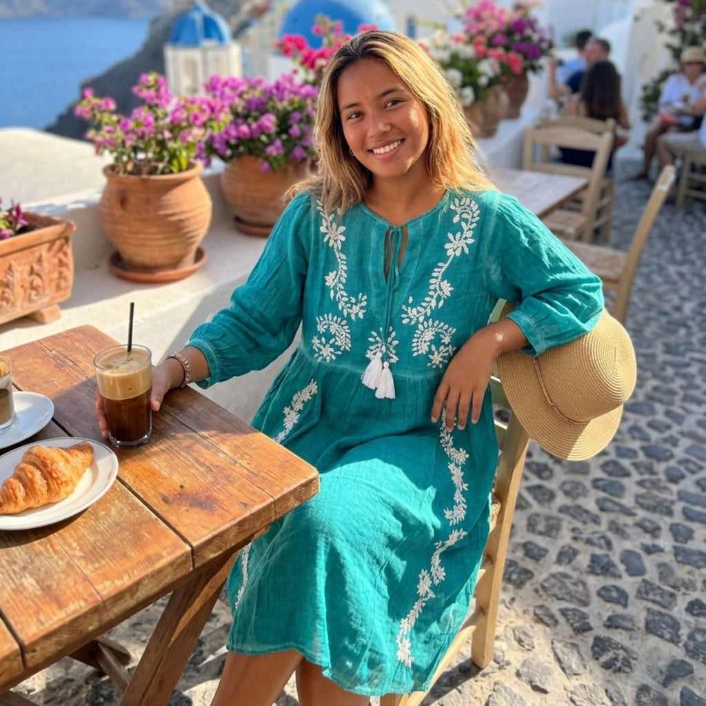 Nomad Sari On the Med Collection Turquoise Dress with Embroidery