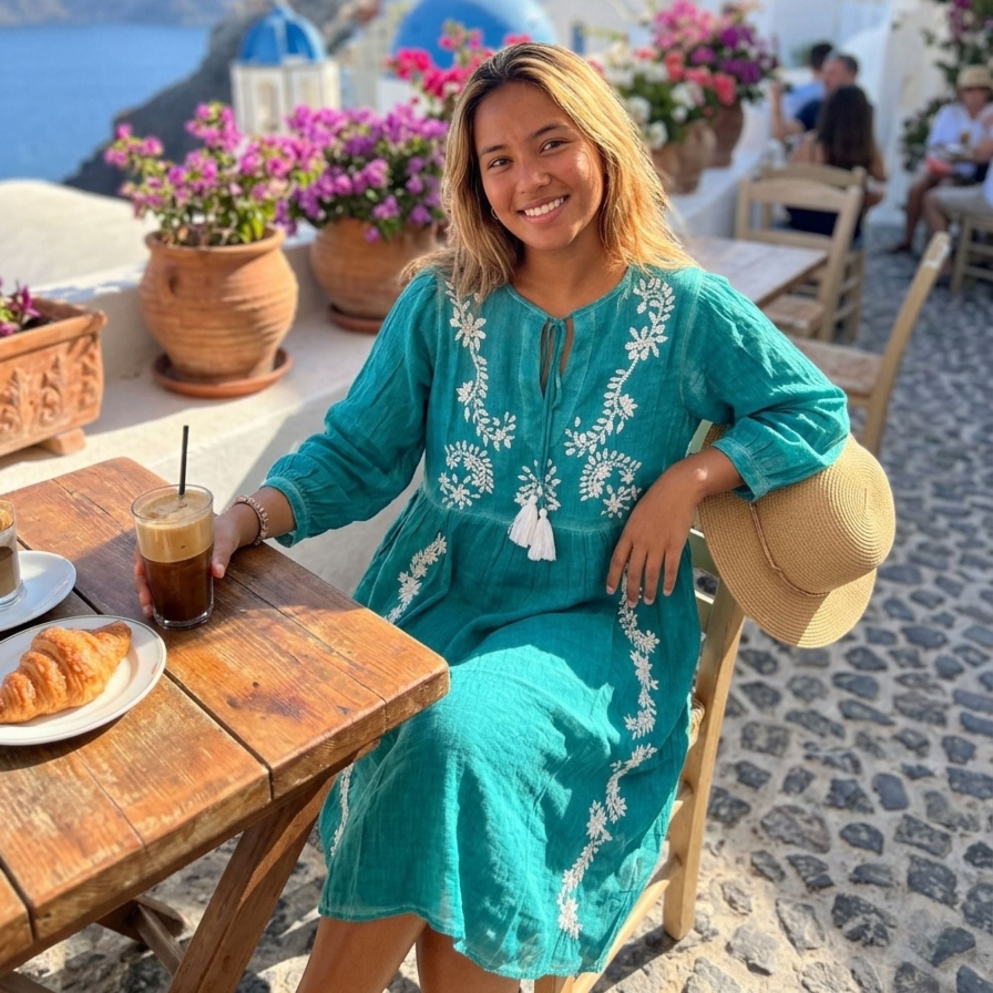 Nomad Sari On the Med Collection Turquoise Dress with Embroidery