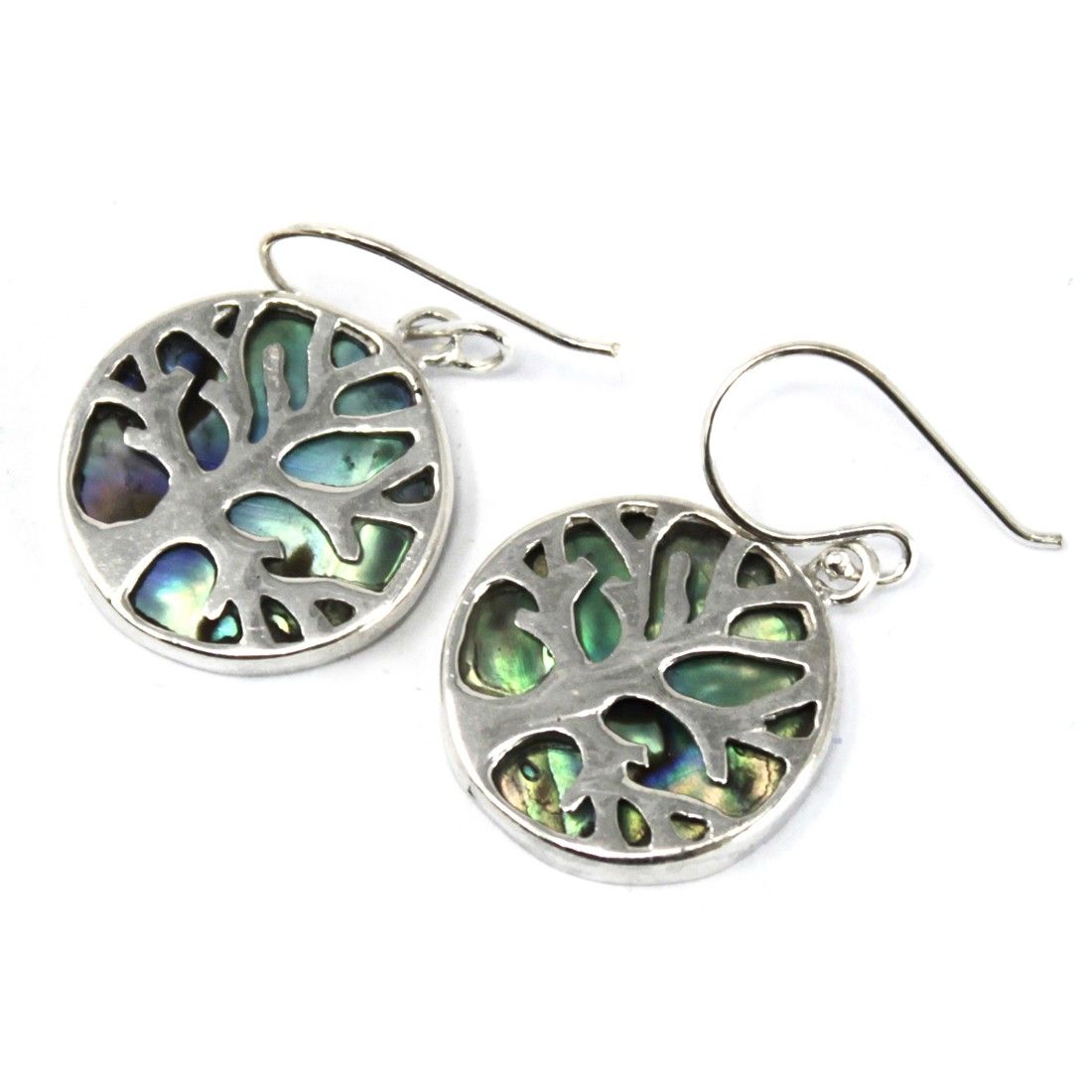 Tree of Life Silver Earrings 15mm with Abalone Inlay Design