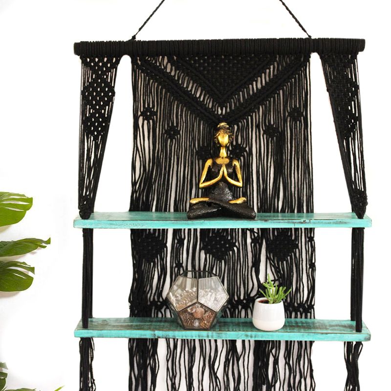Black Macrame Hanging Shelves with Turquoise Accents for Decor