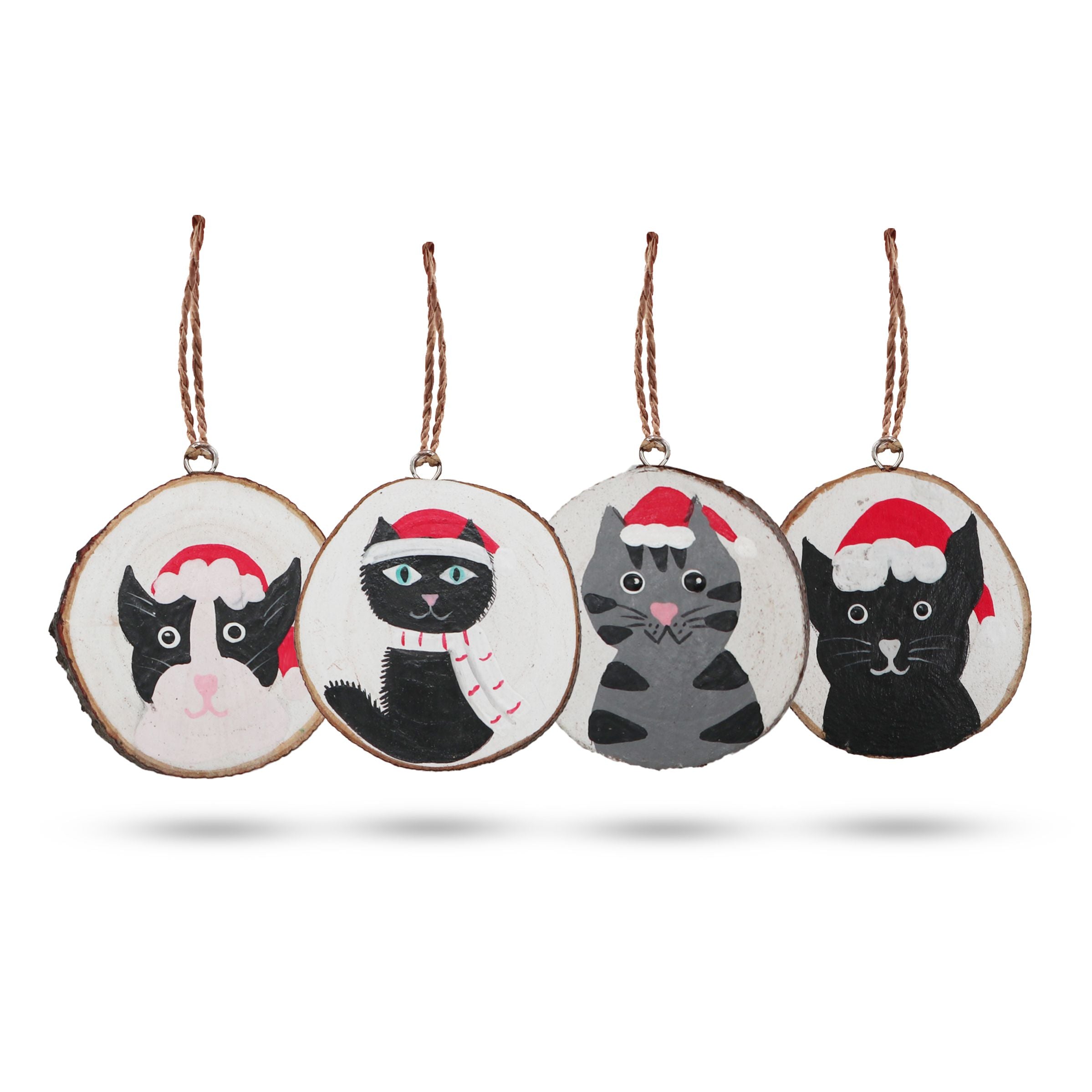 Charming Hand Painted Christmas Cats Log Decor Set for Festive Cheer