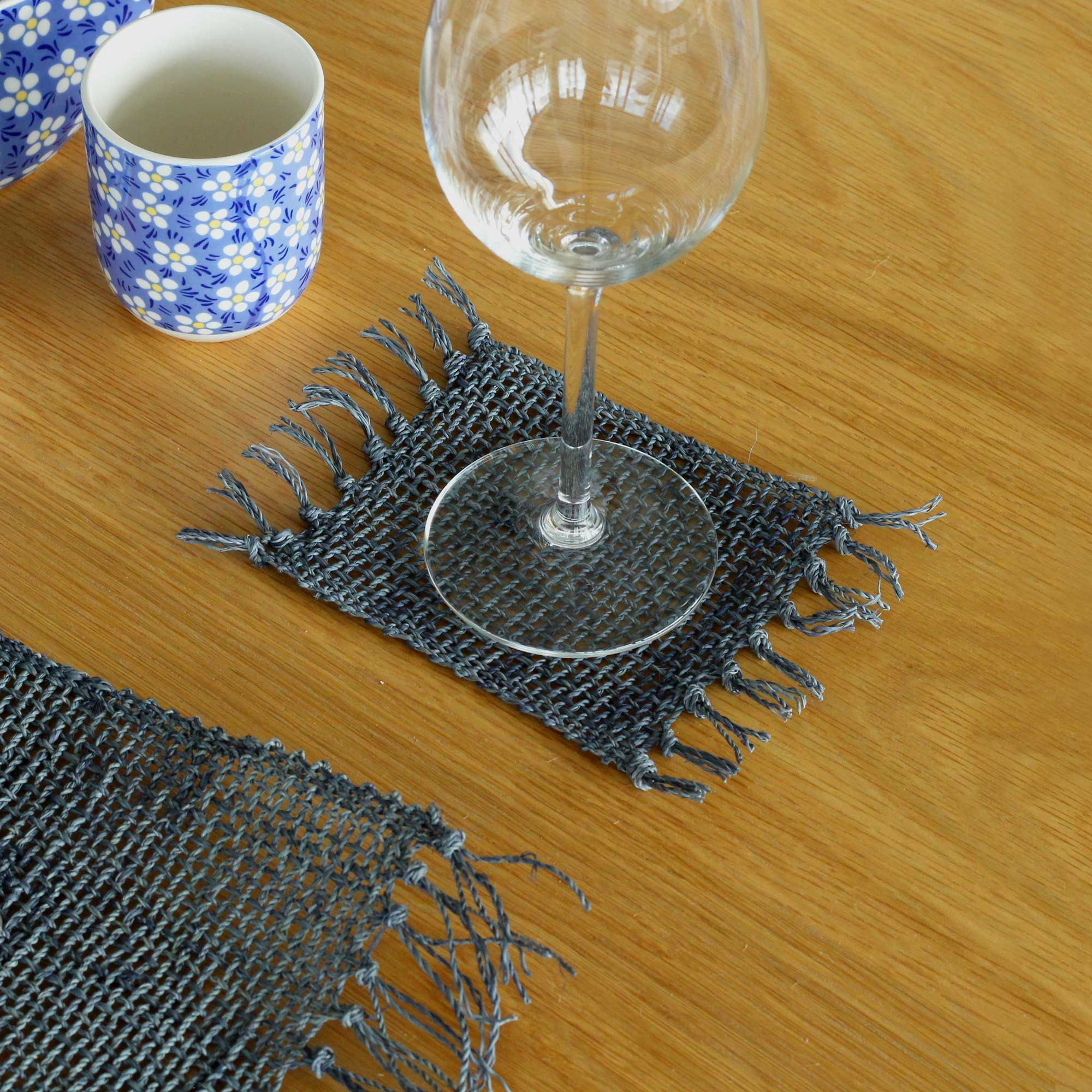 Set of 4 Charcoal Seagrass Fringe Natural Coasters for Your Home