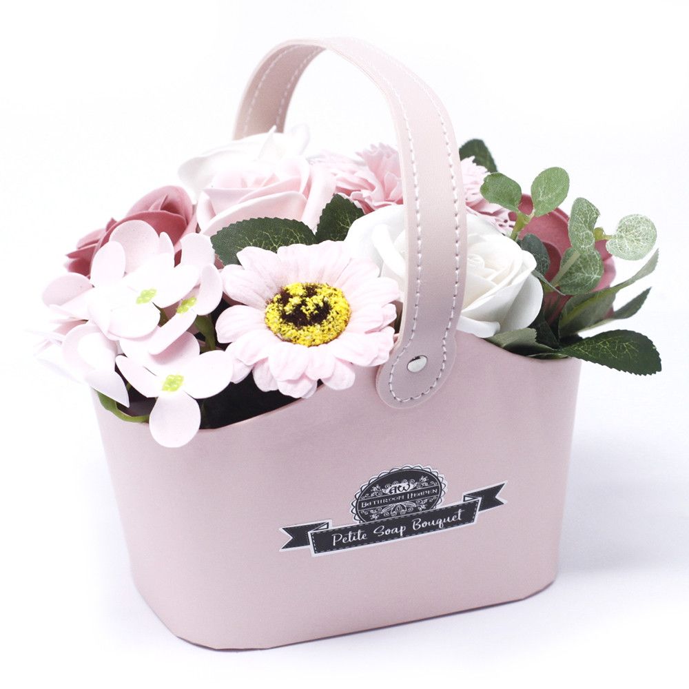Petite Soap Flower Bouquet in Peaceful Pink Gift Basket
