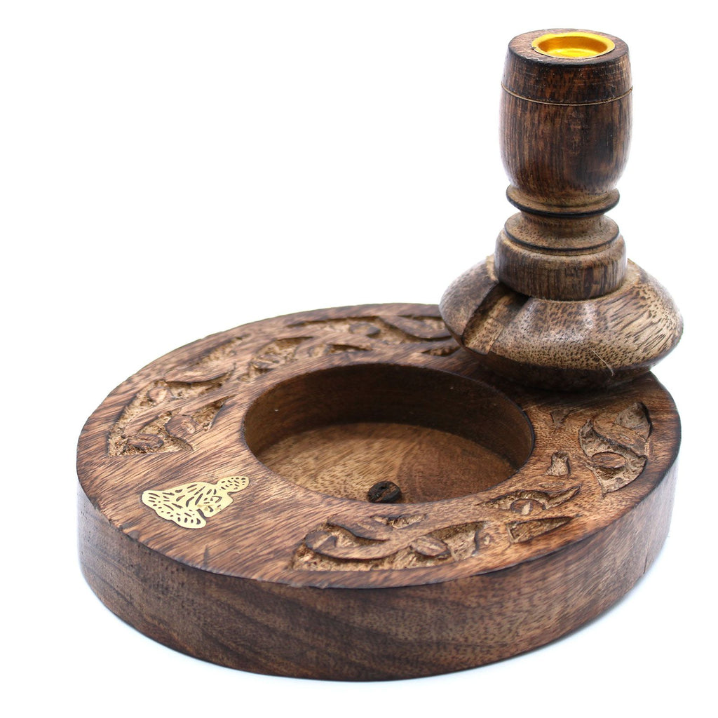 Mango Wood Backflow Burner with Brass Buddha Design for Decor