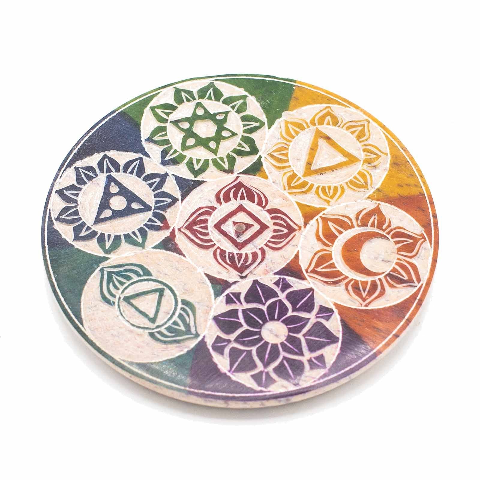 Soapstone Disc Incense Cone Holder 10cm with Seven Chakra Symbols