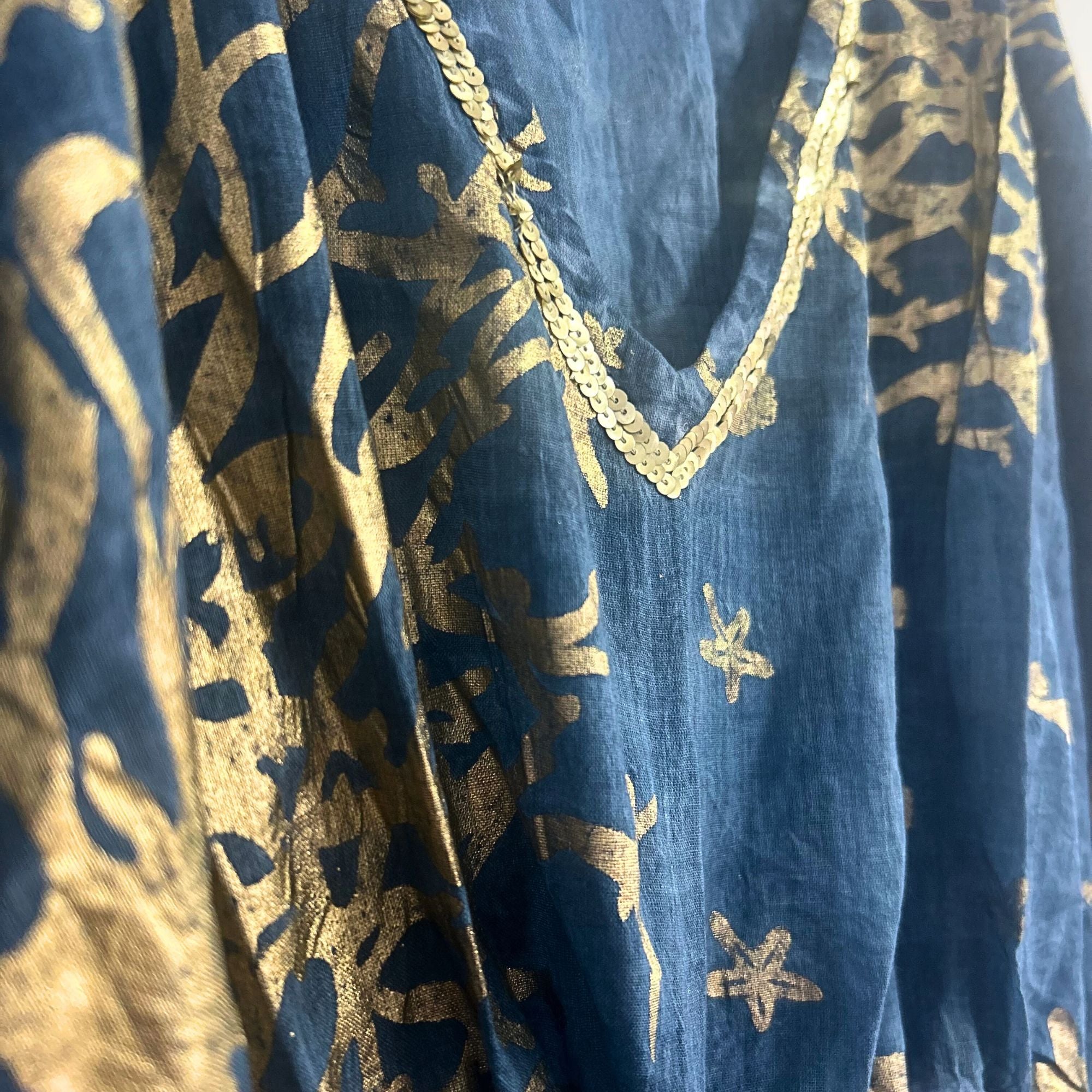 Nomad Sari Kaftan in Sea Blue with Gold Coral Print Design