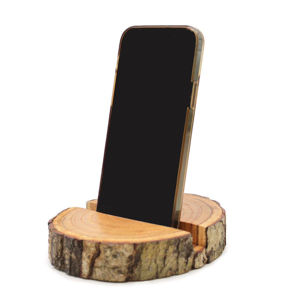 Natural Small Log Phone Holder for Hands Free Use in Modern Style
