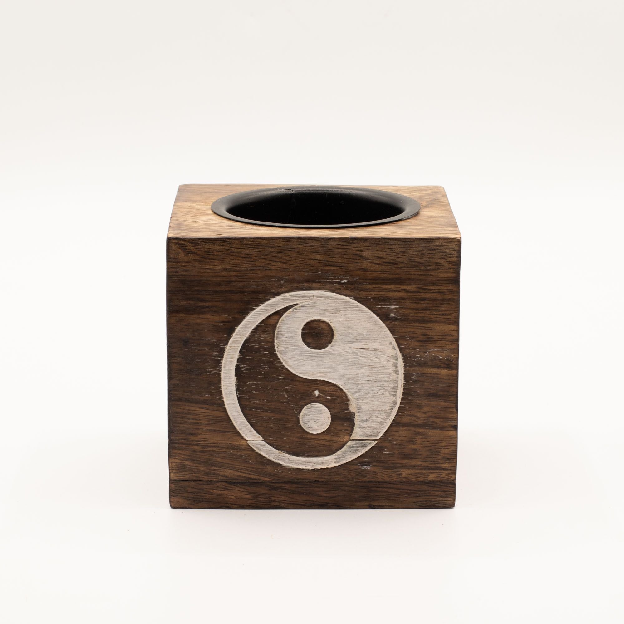 Square Mango Wood Oil Burner with Yin Yang Design for Aromatherapy