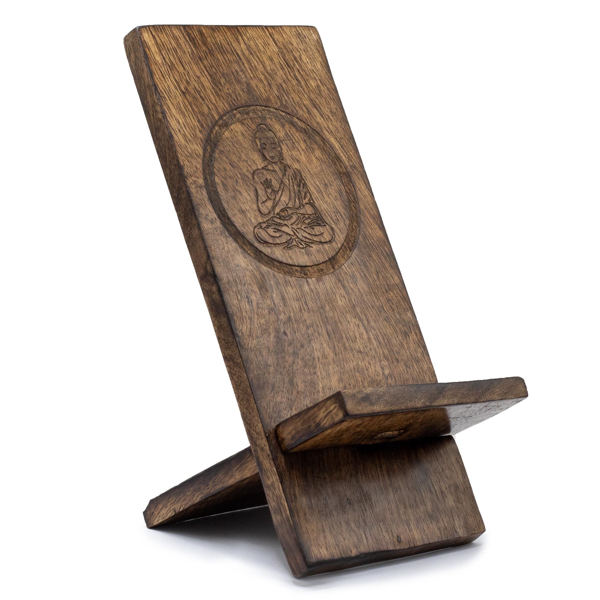 Wooden Carved Buddha Phone Stand for Home Decor and Display