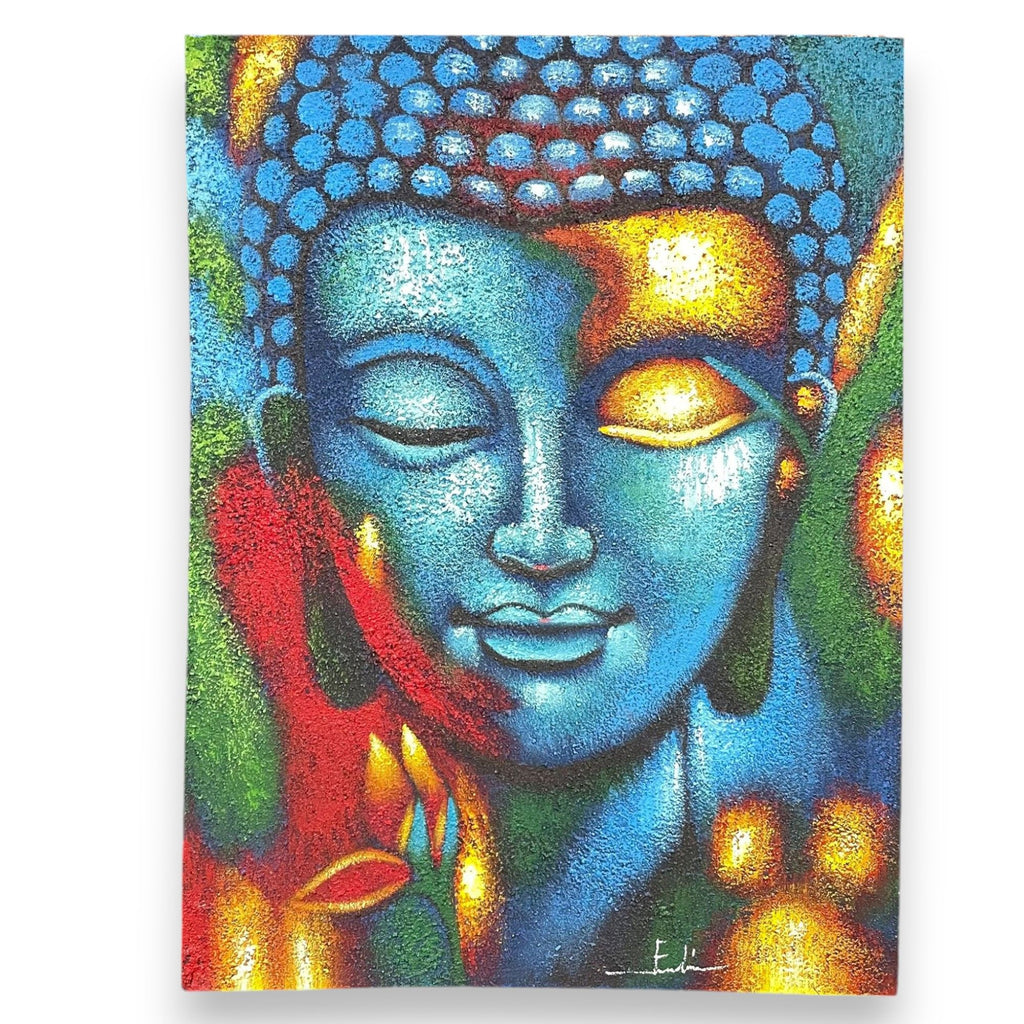Buddha Painting Blue and Gold Flower Artwork for Vibrant Spaces