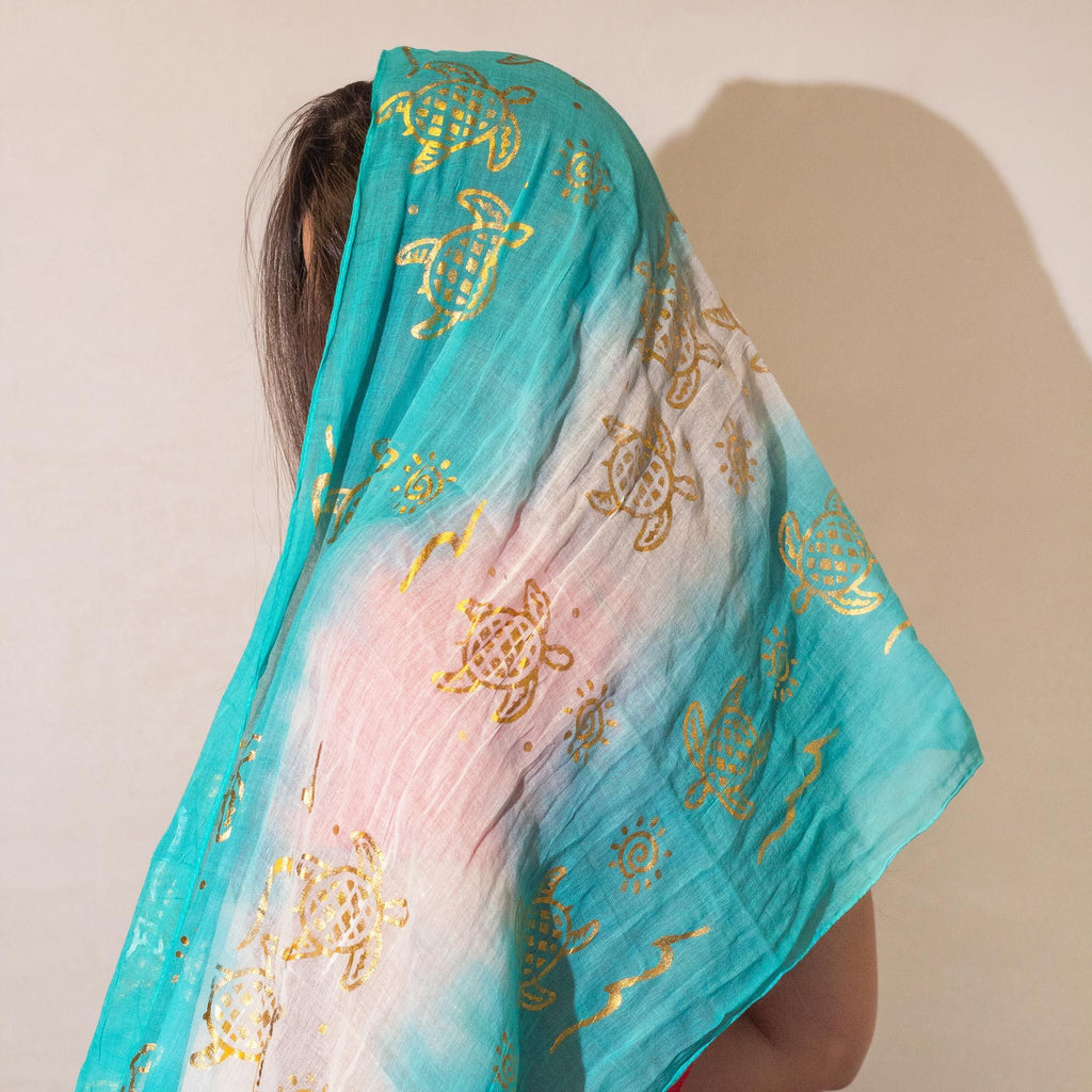 Nomad Sari Summer Turtle Print Scarf in Turquoise 180x50 cm