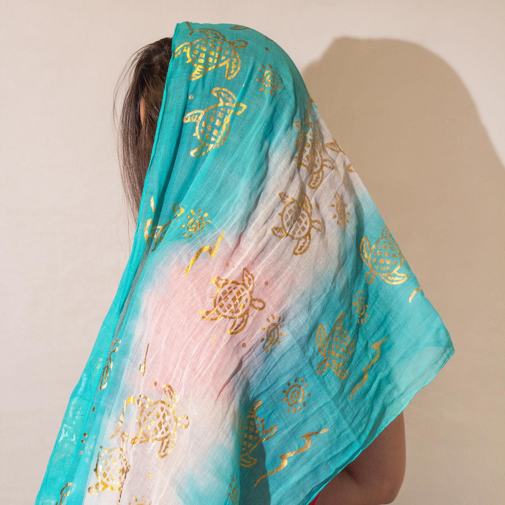Nomad Sari Summer Turtle Print Scarf in Turquoise 180x50 cm