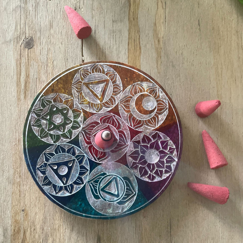 Soapstone Disc Incense Cone Holder 10cm with Seven Chakra Symbols