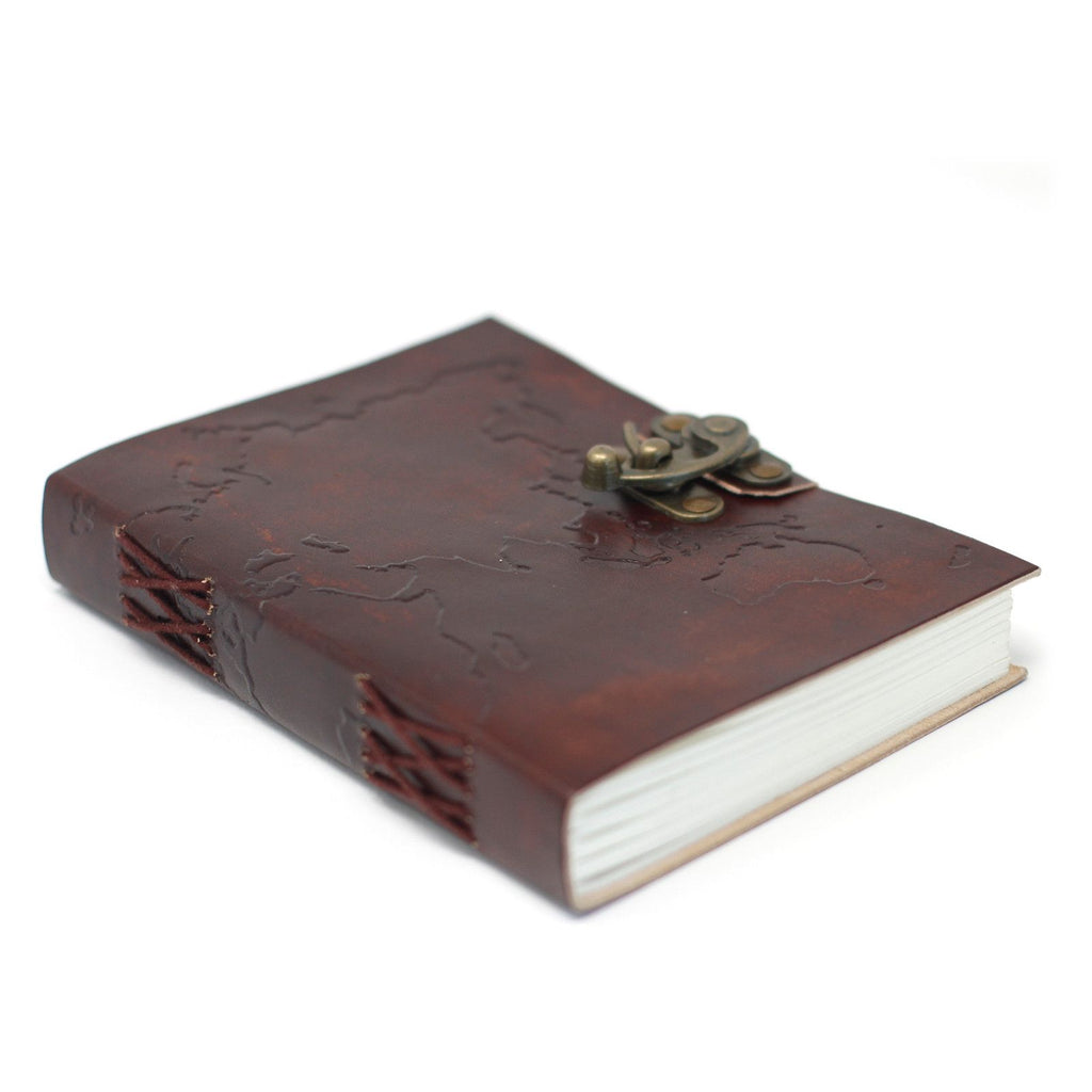 Leather World Map Notebook with Stitching for Unique Journaling