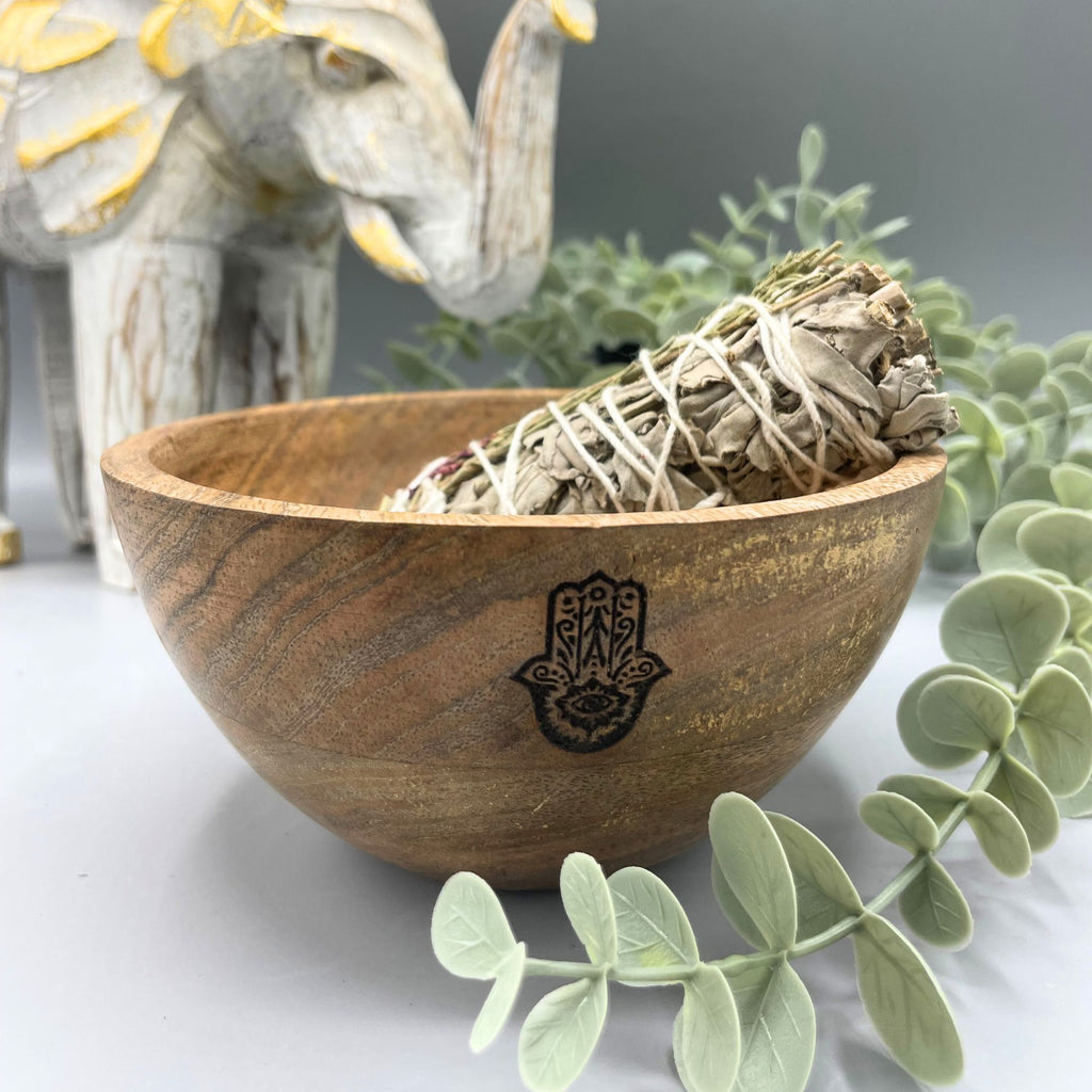 Wooden Smudge Bowl with Hamsa Design for Ritual Offerings