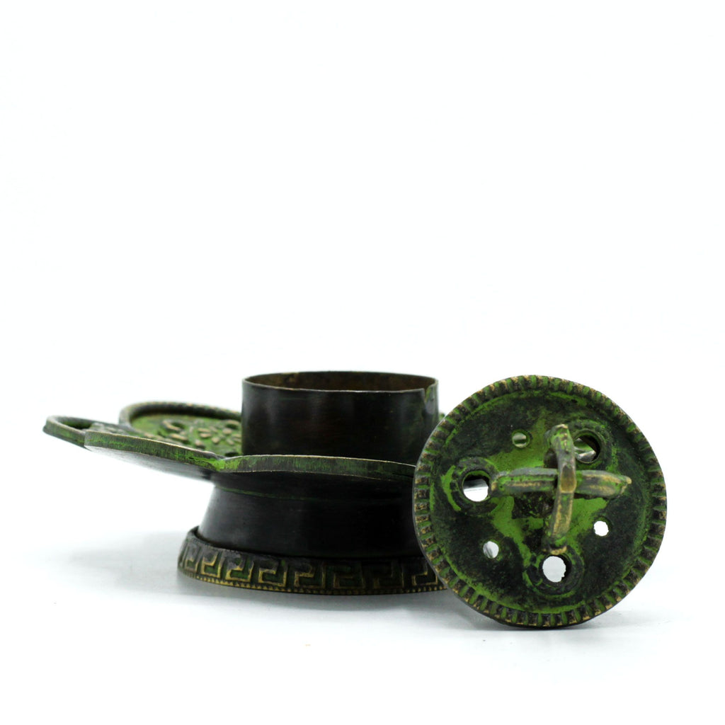 Brass Verdigris Tibetan Cone Incense Holder with Eight Symbols